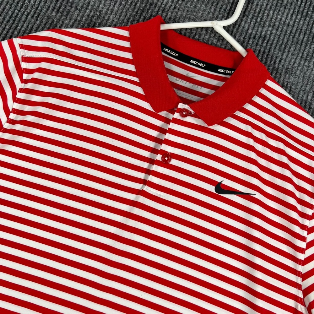 Nike Golf Polo Shirt Mens Large Red White Striped Waldo Short Sleeve Performance